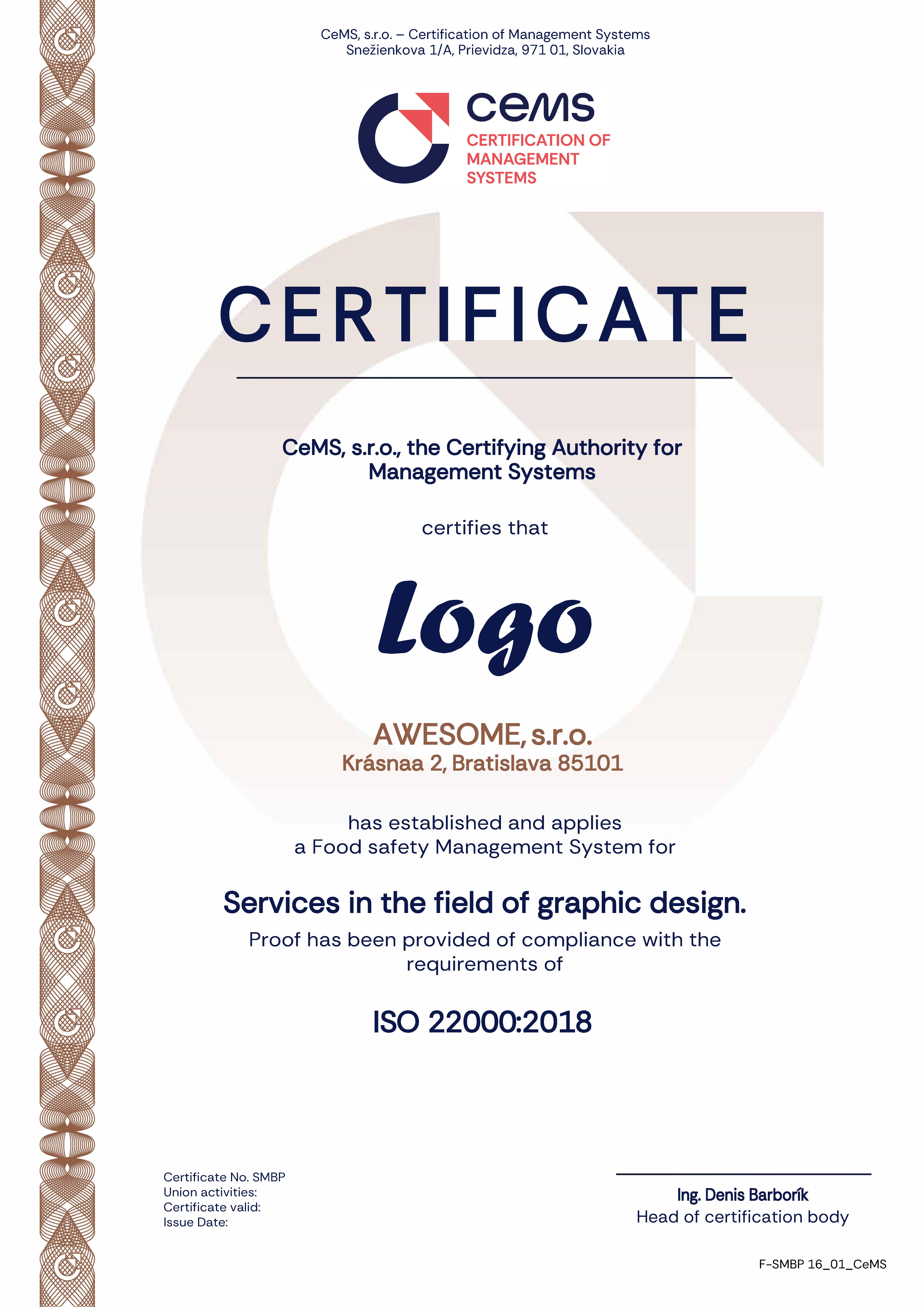 Certificate ISO 22000 by CeMS
